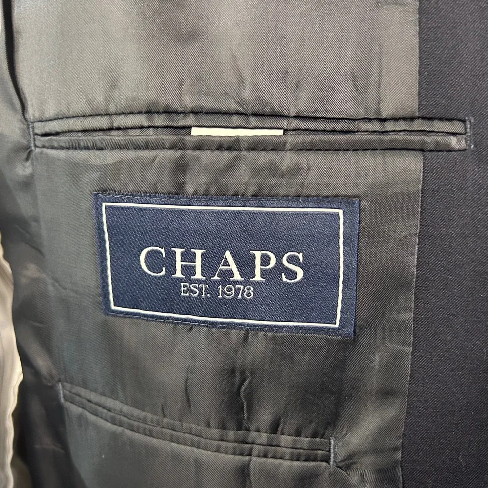 Chaps 42R Blazer Wool Blend Navy Blue Gold Two Button Lined Vented Formal